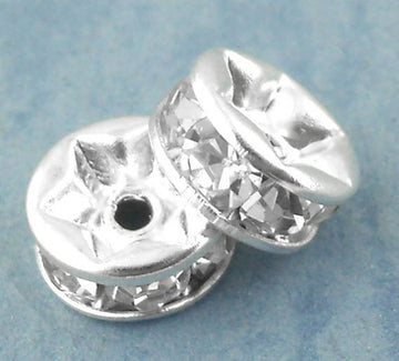 BD092 - 30 pcs Silver Plated Clear Rhinestone Rondelle Spacer Beads - 6mm