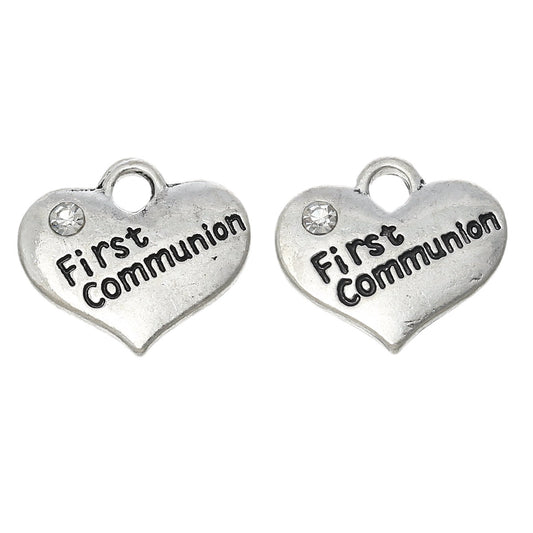 P062 - 10 pcs. Antique Silver "First Communion" charm with rhinestone- 16mm X 14mm