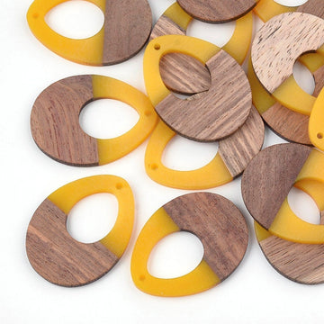 P1095 - 4 pcs. Yellow Mustard Clear Resin and Wood Teardrop Flat Pendant - 38mm x 28mm - (1.5" x 1.1") - LARGE - Great for Earrings and Necklaces!