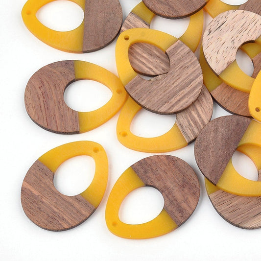 P1095 - 4 pcs. Yellow Mustard Clear Resin and Wood Teardrop Flat Pendant - 38mm x 28mm - (1.5" x 1.1") - LARGE - Great for Earrings and Necklaces!