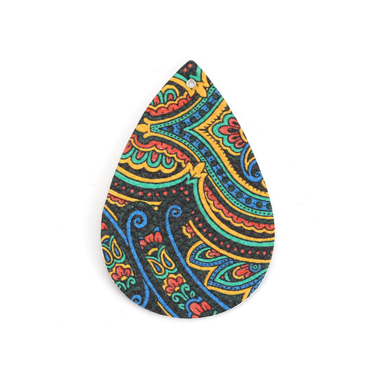 P793 - 10 pcs. Black and Green Multicolor Filigree Floral Faux Leather Dangle Charms Pendants - Teardrop - 56mm (2.2") - Double Sided