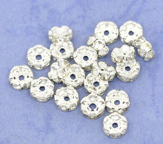 BD042 - 100 pcs Silver Plated Clear Rhinestone Rondelle Spacer Beads - 8mm - Curved Edges - Made of Copper!