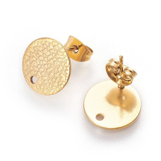 E497 - 10 pcs. (5 pairs) 304 Stainless Steel Golden Earring Posts/Bases/Studs/Settings - 12mm Diameter - Hole Size: 1.8mm - TEXTURED