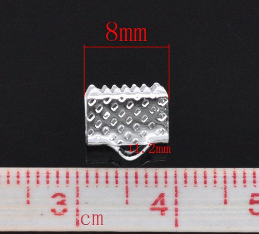CR025 - 100 pcs. Silver Plated Textured Ribbon Crimp End Caps - 8mm x 8mm - Great for 8mm Ribbons and Cords!