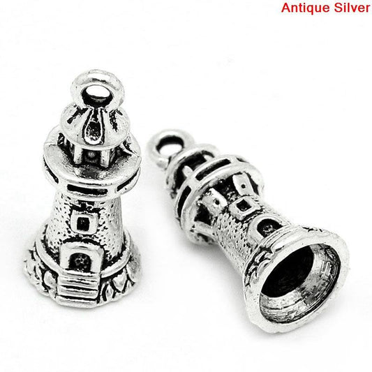 P298 - 10 pcs. Antique Silver Lighthouse Charms Pendants - 20.5mm X 9mm