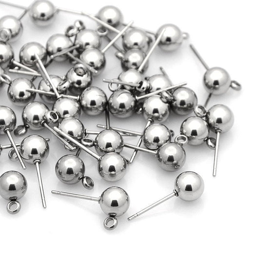 E337 - 10 pcs. (5 pairs) 304 Stainless Steel Earring Ball Posts Settings with Loop - 15mm x 8mm - Tarnish Resistant! Stoppers Included!