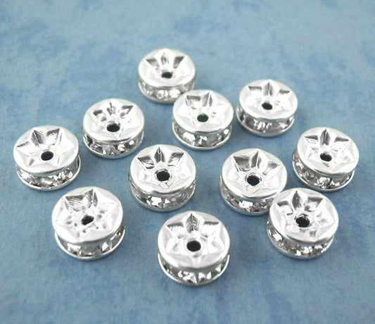 BD092 - 30 pcs Silver Plated Clear Rhinestone Rondelle Spacer Beads - 6mm