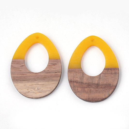 P1095 - 4 pcs. Yellow Mustard Clear Resin and Wood Teardrop Flat Pendant - 38mm x 28mm - (1.5" x 1.1") - LARGE - Great for Earrings and Necklaces!