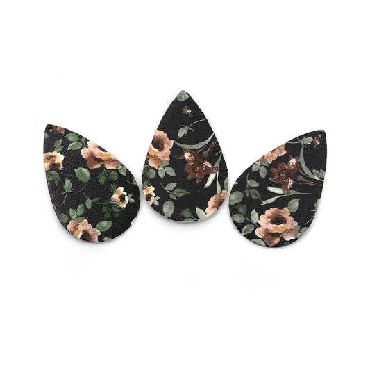 P884 - 10 pcs. Black and Brown Floral Faux Leather Dangle Charms Pendants - Teardrop - 56mm (2.2") - Double Sided - Great for Earrings, Necklaces or Dangles