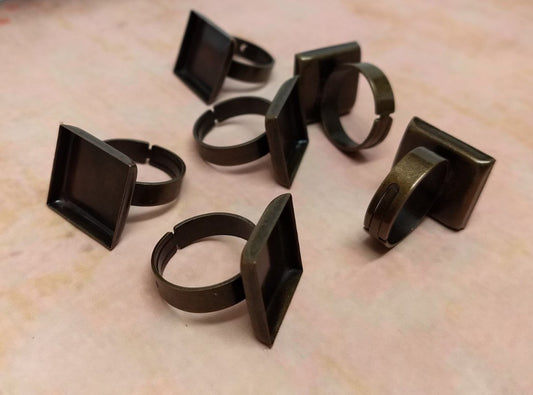 10 pcs. Antique Bronze ADJUSTABLE Cabochon Setting Bezel RING bases settings - Glue Pad 16mm - Square