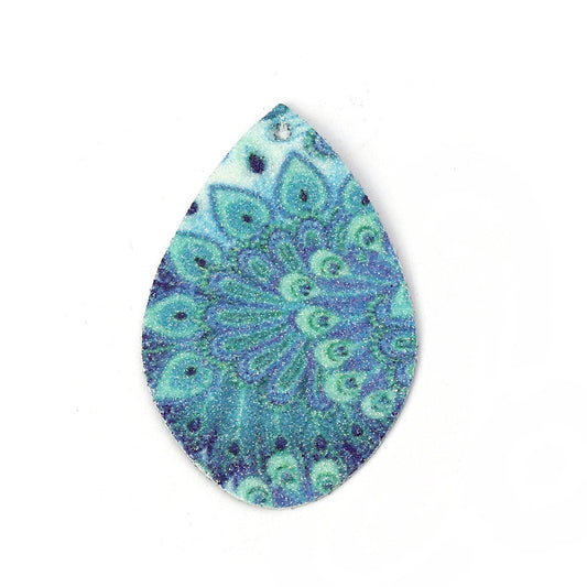 P732A - 4 pcs. Blue Floral Faux Leather Dangle Charms Pendants - Sparkle - Teardrop - 55mm (2.17") - Double Sided - Great for Earrings or Dangles!