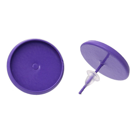 E043 - SALE - 10 pcs. Purple Earring Posts Studs Settings Bezels Cabochons Tacks- 14mm Glue Pad Setting - Includes Earring Backs!