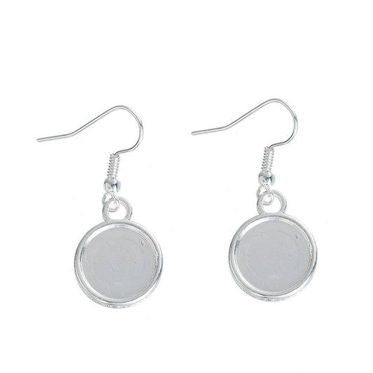 E100 - 10 pcs. Silver Plated Earring Dangle Hooks Settings Bezels Cabochons - 12mm Glue Pad Setting