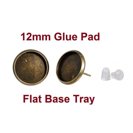 E120 - 50 pcs. Antique Bronze Earring Posts Studs Settings Bezels Cabochons Tacks- 12mm Glue Pad Setting - Flat Base Tray