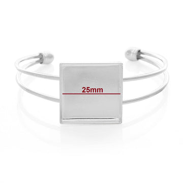 B025 - 4 pcs. Silver Plated Bangle Bezel Cabochon Open Square Cuff Bracelets - 17.5cm (6 7/8") - 25mm Glue Pad (1 inch - 1") - Made of Copper!