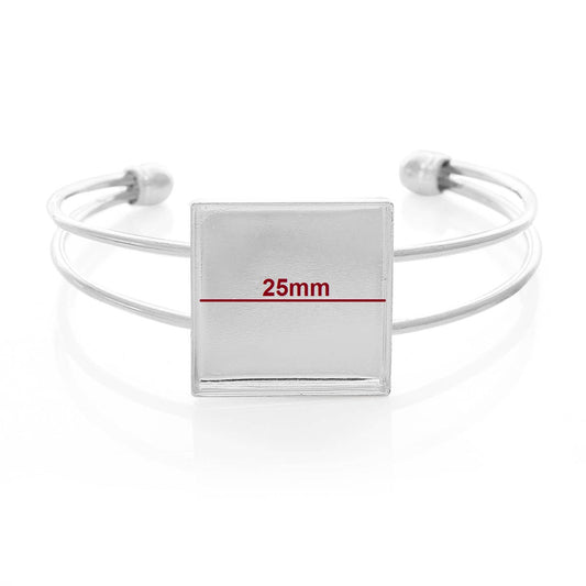 B025 - 4 pcs. Silver Plated Bangle Bezel Cabochon Open Square Cuff Bracelets - 17.5cm (6 7/8") - 25mm Glue Pad (1 inch - 1") - Made of Copper!