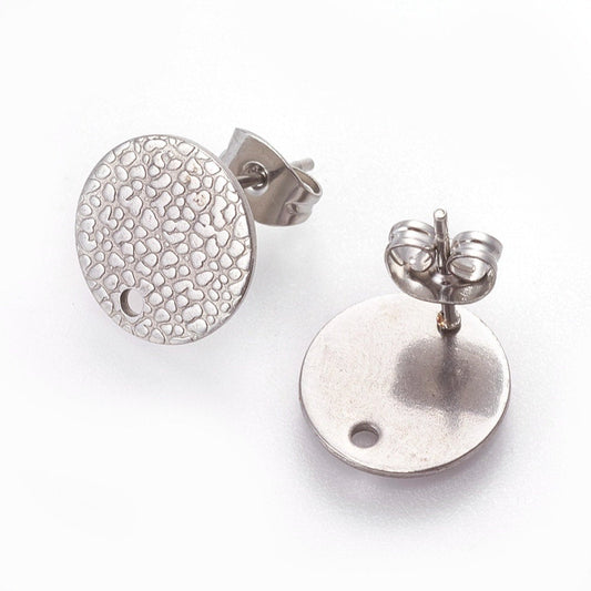 E480 - 10 pcs. (5 pairs) 304 Stainless Steel Silver Tone Earring Posts/Bases/Studs/Settings - 12mm Diameter - Hole Size: 1.8mm - TEXTURED