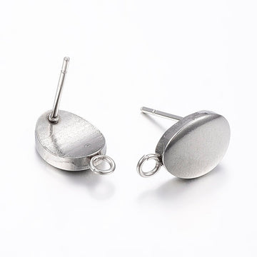 E338 - 10 pcs. (5 pairs) 304 Stainless Steel Oval Earring Posts/Bases/Studs/Settings with Backs - 12mm x 7mm - Hole: 2mm - Tarnish Resistant!
