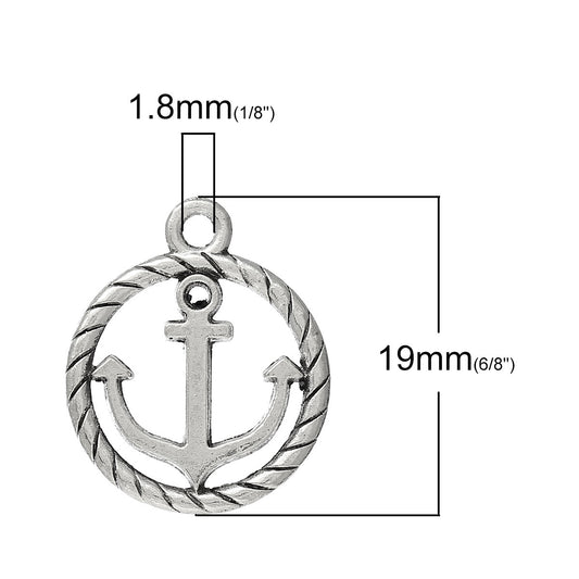 P299 - 10 pcs. Antique Silver Anchor with Rope and Circle Frame Charm Pendants - 19mm X 16mm