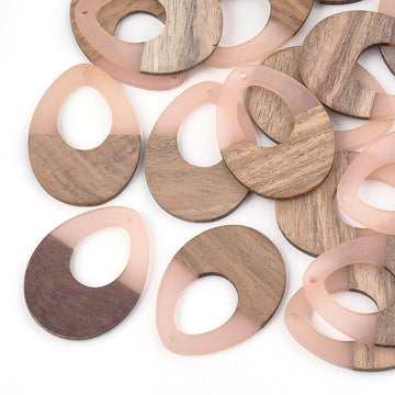 P1096 - 4 pcs. Coral Brown Resin and Wood Teardrop Flat Pendant - 38mm x 28mm - (1.5" x 1.1") - LARGE - Great for Earrings and Necklaces!