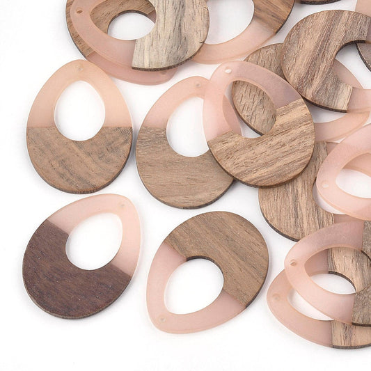 P1096 - 4 pcs. Coral Brown Resin and Wood Teardrop Flat Pendant - 38mm x 28mm - (1.5" x 1.1") - LARGE - Great for Earrings and Necklaces!