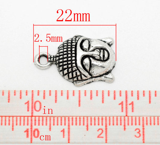 P089A - 50 pcs. Antique Silver Tone Buddha Face Charms Pendants - 22mm x 15mm
