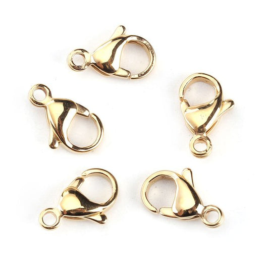 CL096 - 10 pcs. 304 Stainless Steel Lobster Clasps - 13mm x 8mm - Claw Clasps - Hypoallergenic! Tarnish Resistant! - Gold Plated
