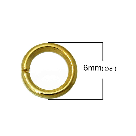 J229A - 100 pcs. Gold Plated Open Jump Rings - 6mm - 19 Gauge (0.9mm Thick)