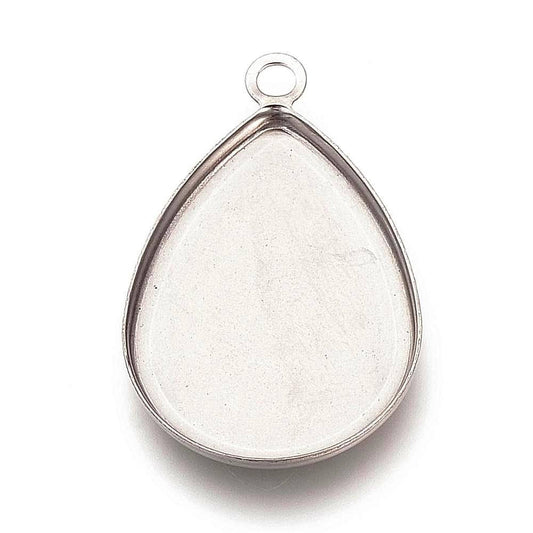 P656 - 10 pcs. 201 Stainless Steel Teardrop Bezel Cabochon Pendant Tags Trays - 25mm x 18mm Glue Pad - Setting - Tarnish Resistant