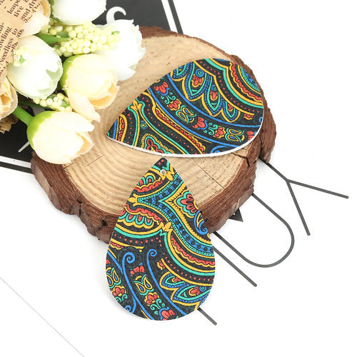 P793 - 10 pcs. Black and Green Multicolor Filigree Floral Faux Leather Dangle Charms Pendants - Teardrop - 56mm (2.2") - Double Sided