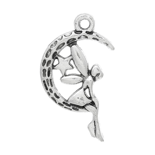 P311 - 50 pcs. Antique Silver Angel Moon Charms Pendants - 25mm X 15mm (1 inch)