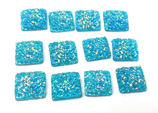 CA796 - 10 pcs Druzy Resin Embellishment Cabochons Blue Aqua Multicolor AB - 12mm - Square - Dome Style