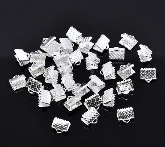 CR025 - 100 pcs. Silver Plated Textured Ribbon Crimp End Caps - 8mm x 8mm - Great for 8mm Ribbons and Cords!