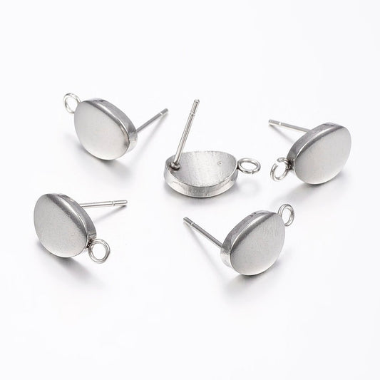E338 - 10 pcs. (5 pairs) 304 Stainless Steel Oval Earring Posts/Bases/Studs/Settings with Backs - 12mm x 7mm - Hole: 2mm - Tarnish Resistant!