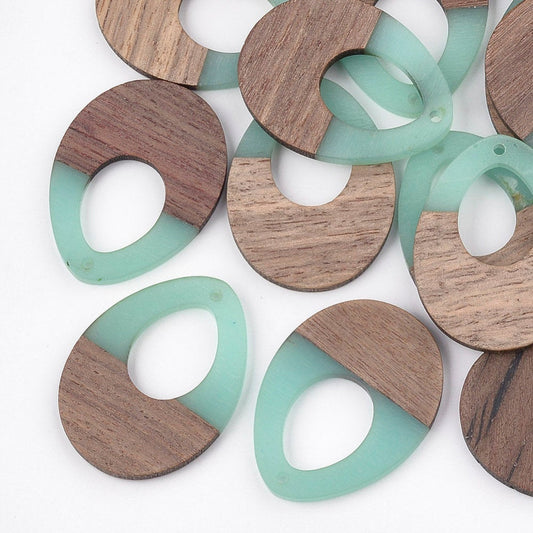 P1097 - 4 pcs. Teal Clear Resin and Wood Teardrop Flat Pendant - 38mm x 28mm - (1.5" x 1.1") - LARGE - Great for Earrings and Necklaces!