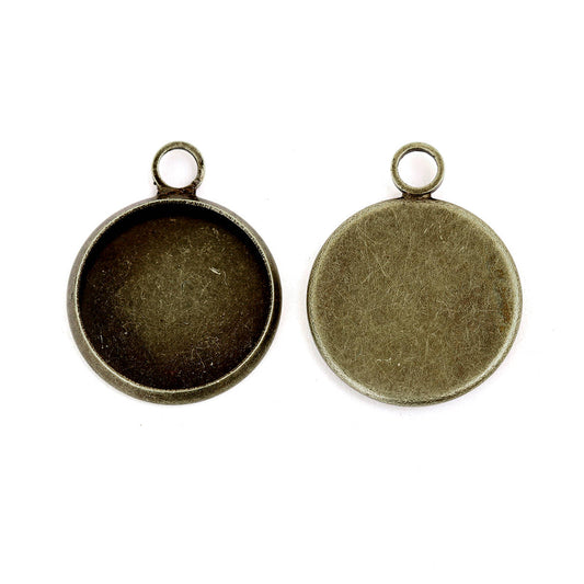 P461 - 10 pcs. Antique Bronze Circle Round Bezel Cabochon Pendant Tags Trays - 12mm Glue Pad - 18x14mm - Single Loop