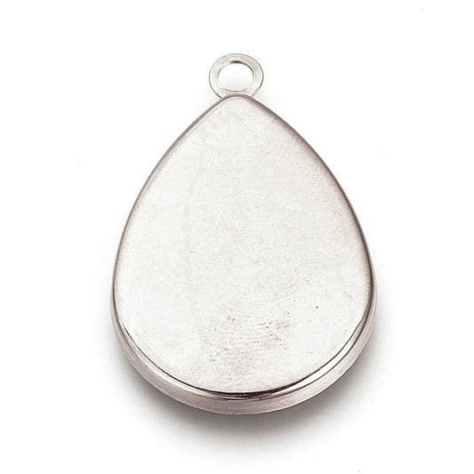 P656 - 10 pcs. 201 Stainless Steel Teardrop Bezel Cabochon Pendant Tags Trays - 25mm x 18mm Glue Pad - Setting - Tarnish Resistant
