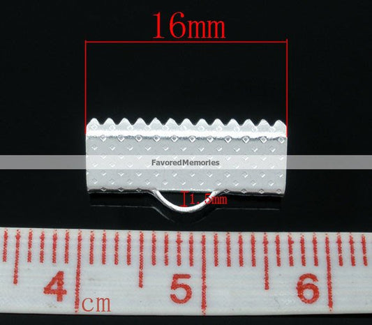 CR017 - 100 pcs. Silver Plated Textured Ribbon Crimp End Caps - 16x7.5mm
