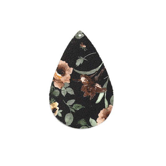 P884 - 10 pcs. Black and Brown Floral Faux Leather Dangle Charms Pendants - Teardrop - 56mm (2.2") - Double Sided - Great for Earrings, Necklaces or Dangles