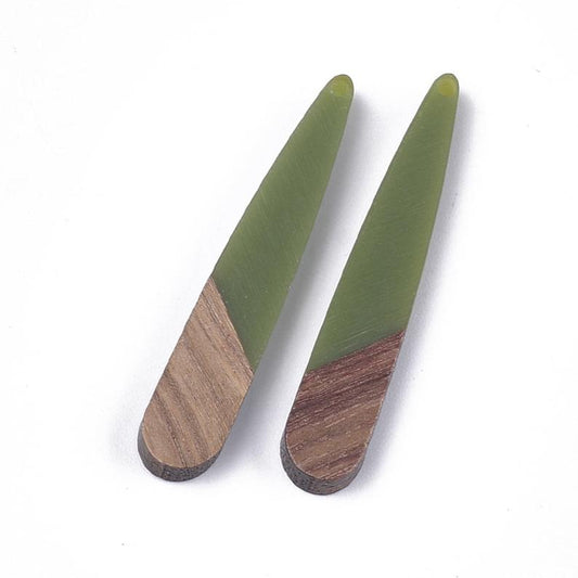 MP0024 - 4 pcs. Green Resin and Wood Teardrop Flat Pendant - 44mm x 8mm - (1.73" x 0.32") - Great for Earrings and Necklaces!