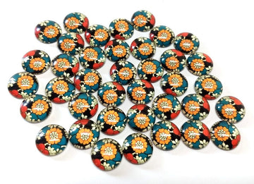 CA797 - 10 pcs Circle Flower Glass Round Dome Seals Tiles Cabochons - 12mm - Orange Flower with Blue Background