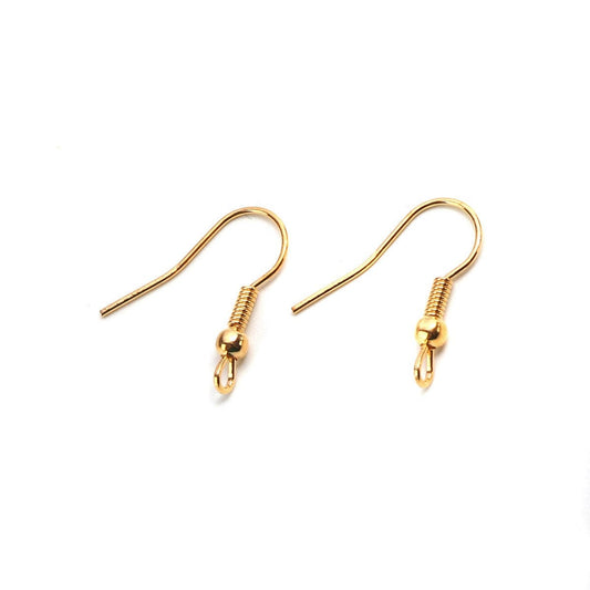 E481 - 100 pcs Gold Plated Earring Hooks with Spring and Ball - 19mm x 17mm - Perpendicular Loop
