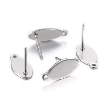 E339 - 10 pcs. (5 pairs) 304 Stainless Steel Oval Earring Posts/Bases/Studs/Settings with Backs - 15mm x 7mm - Hole for Dangles - Tarnish Resistant