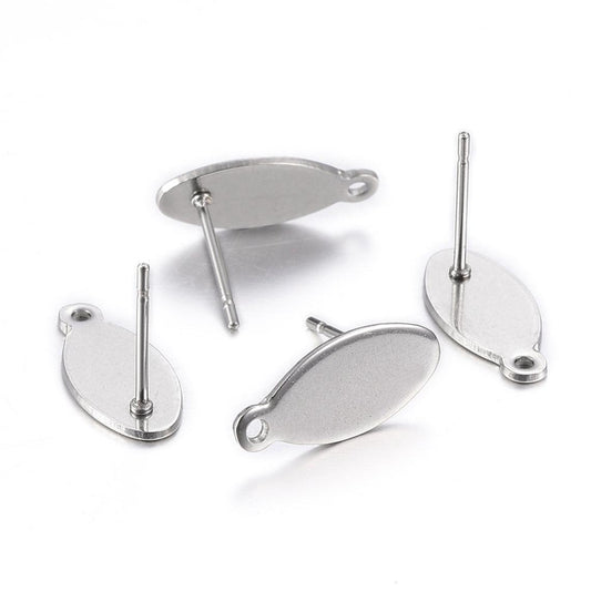 E339 - 10 pcs. (5 pairs) 304 Stainless Steel Oval Earring Posts/Bases/Studs/Settings with Backs - 15mm x 7mm - Hole for Dangles - Tarnish Resistant