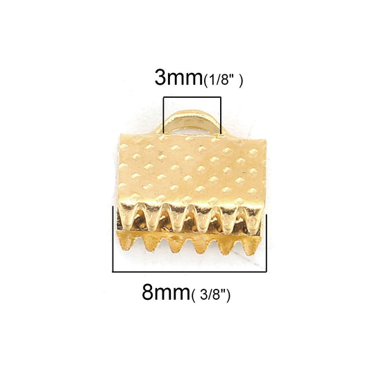 CR026 - 100 pcs. Gold Plated Textured Ribbon Crimp End Caps - 8mm x 8mm - Great for 8mm Ribbons and Cords!