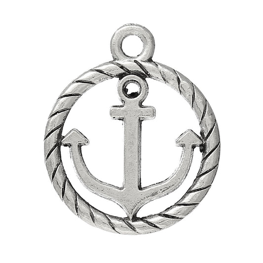 P299 - 10 pcs. Antique Silver Anchor with Rope and Circle Frame Charm Pendants - 19mm X 16mm