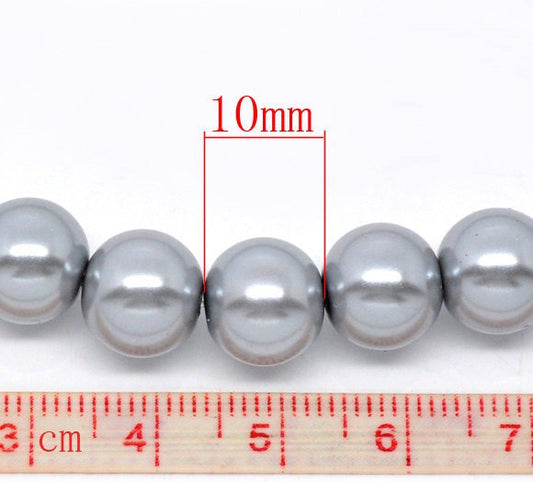 BD093 - 10mm Silver Grey Gray Glass Pearl Imitation Round Beads - 16 inch strand