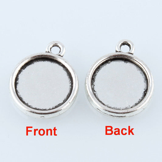 P183 - 10 pcs. Antique Silver Tone Circle Round Bezel Cabochon Pendant Tags Trays - 12mm Glue Pad - Double Sided