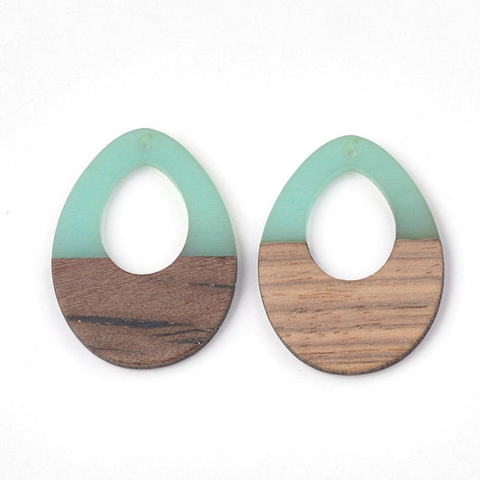 P1097 - 4 pcs. Teal Clear Resin and Wood Teardrop Flat Pendant - 38mm x 28mm - (1.5" x 1.1") - LARGE - Great for Earrings and Necklaces!
