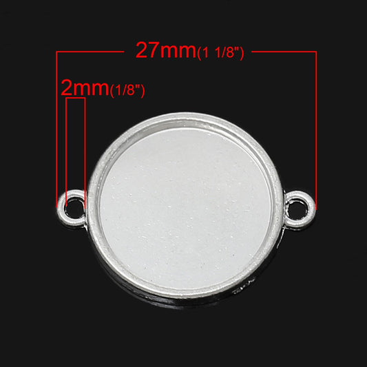 P352 - 10 pcs. Silver Plated Circle Round Bezel Cabochon Cameo Connector Tags Trays - 18mm Glue Pad